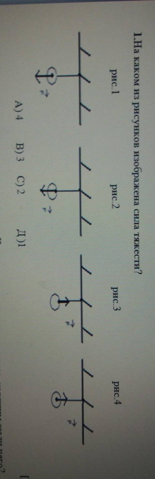 1.На каком из рисунков изображена сила тяжести? рис.1рис.2рис. 3рис.4/A)4 B)3 С)2 Д)1ХЕЛП​