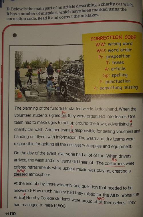 Below is the main part of an article describing a charity car wash. It has a number of mistakes, whi
