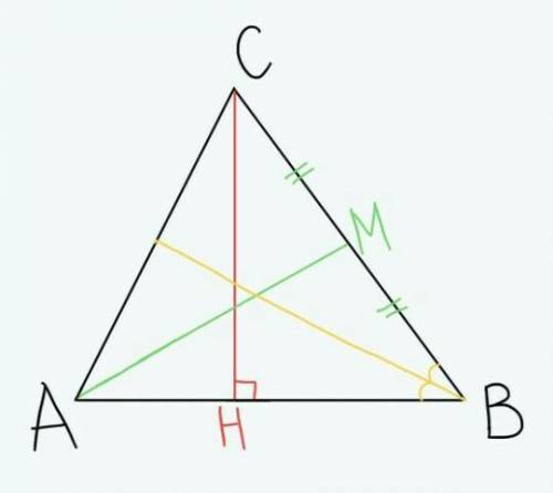 Построить остроугольный треугольник ABC, из вершины A провести медиану AM, из вершины B провести бис