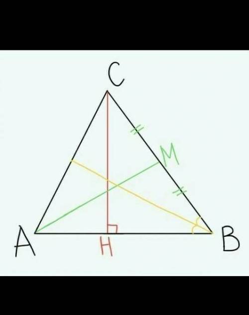 Построить остроугольный треугольник ABC, из вершины A провести медиану AM, из вершины B провести бис