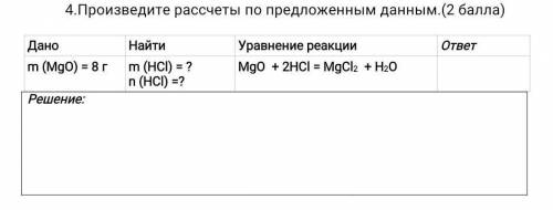 Произведите рассчеты по предложенным данным.( ) ДаноНайти Уравнение реакцииответ m (MgO) = 8 гm (HCl