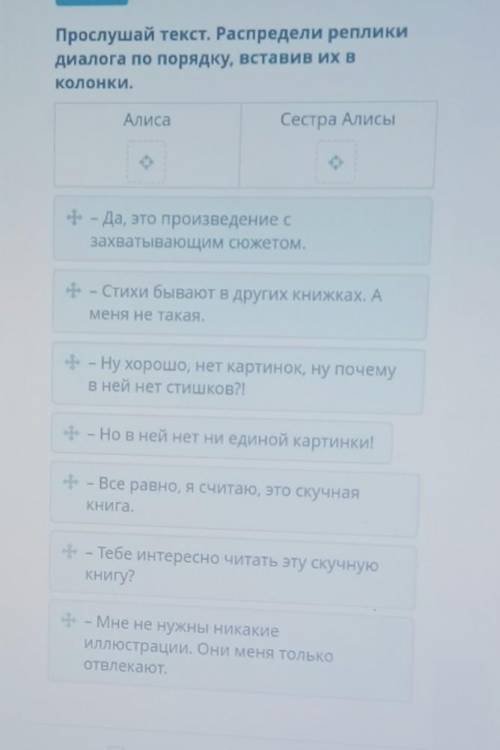 Прослушай текст. Распредели реплики диалога по порядку, вставив их вКолонки.АлисаСестра Алисы​