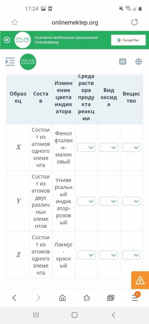 Ученик проверил три вещества X, Y и Z на горючесть. Результаты записал в таблицу.Используя результат