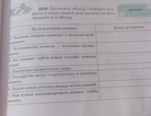 183A. Прочитайте таблицу Приведите аргументы в пользу каждой цели изучения космоса, запишите их в та