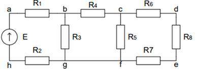 Известно, что ток, протекающий в цепи R8, равен IR8=7,5 мА, R1 = 1 Ом, R2 = 2 Ом, R3 = 3 Ом, R4 = 5