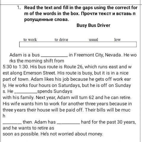 Прочти текст и вставь пропущенные слова. слова: to work, to drive, usual, low.Adam is a bus in Free