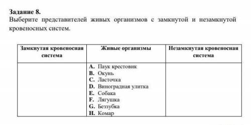 Выберите представителей живых организмов с замкнутой и незамкнутой кровеносных систем.A. Паук кресто