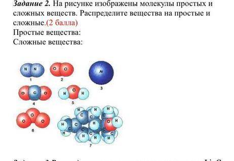 На рисунке изображены молекулы простых и сложных веществ. Распределите вещества на простые и сложные