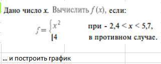 Задания для экселя! 1)Дано вещественное число х. Вычислить f(x) если F= { x² при -2.4 <х< 5.7