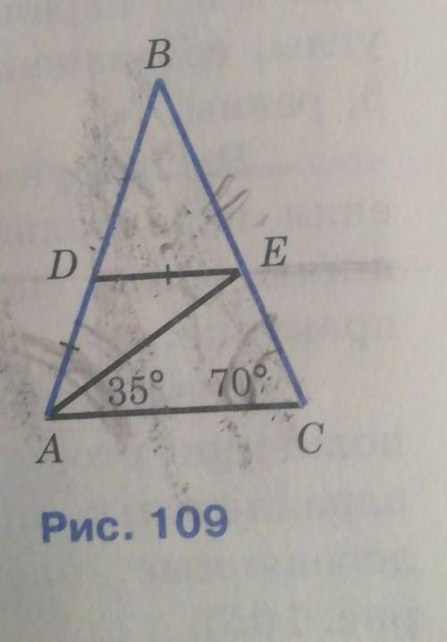 с оформлением и док во На рисунке. Задание :109 AB=BC, AD=DE, /C=70°,/EAC=35°.Докажите, что DE || AC