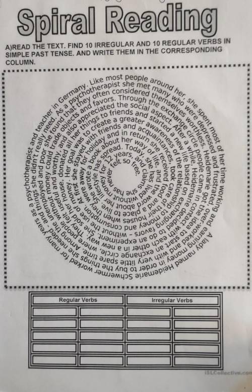Spiral Reading A)READ THE TEXT. FIND 10 IRREGULAR AND 10 REGULAR VERBS INSIMPLE PAST TENSE. AND WRIT