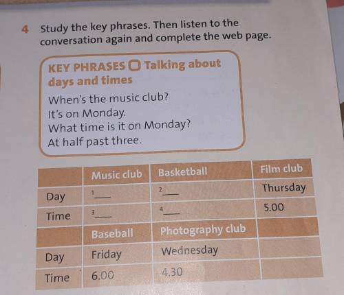 4 Study the key phrases. Then listen to the conversation again and complete the web page.KEY PHRASES
