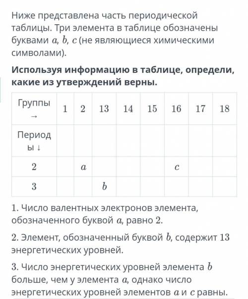 Используя информацию в таблице, определи, какие из утверждений верны. 1. Число валентных электронов