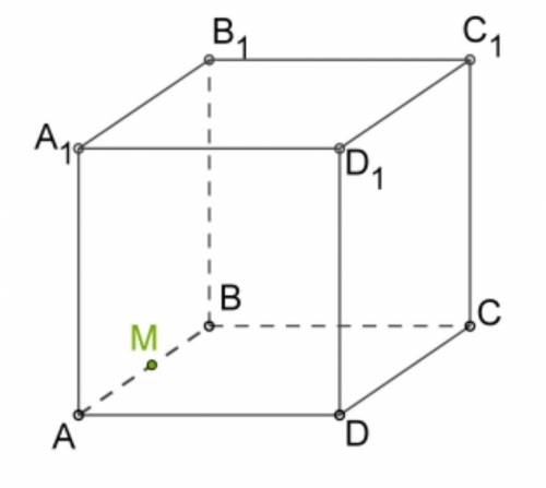 Побудуй переріз куба, який проходить через серединну точку M ребра AB перпендикулярно AB.​