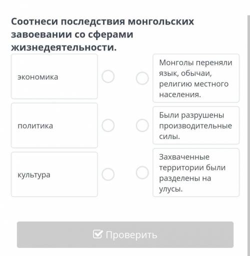 Соотнесите последствия монгольских завоевании со сферами жизнедеятельности​