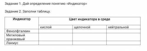 Заполни таблицу. ИндикаторЦвет индикатора в средекислойщелочнойнейтральнойФенолфталеинМетиловый оран