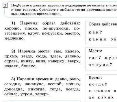 Стр.11. Упр.2. Подберите к данным наречиям подходящие по смыслу глаголы. Поставьте к ним вопросы. Со