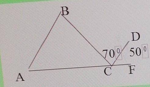 на рисунке ab параллельно cd, угол bcd=70 градусов, угол dcf= 50градусом. найдите углы треугольника