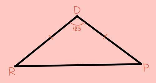 У рiвнобедреному трикутнику RDP, RD=DP, D=123° Визнач величину кутiв, прилеглих до основи.