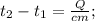 t_{2}-t_{1}=\frac{Q}{cm};