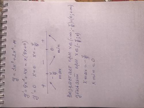 1. Исследовать на монотонность функцию и найти её экстремумы:y=3x^3 + 2x^2 – 14​