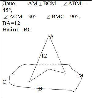 Математика ( геометрия ) 10 класс решить! Дано: АМ ВСМ АВМ = 45°, АСМ = 30° ВМС = 90°, ВА=12 Найти