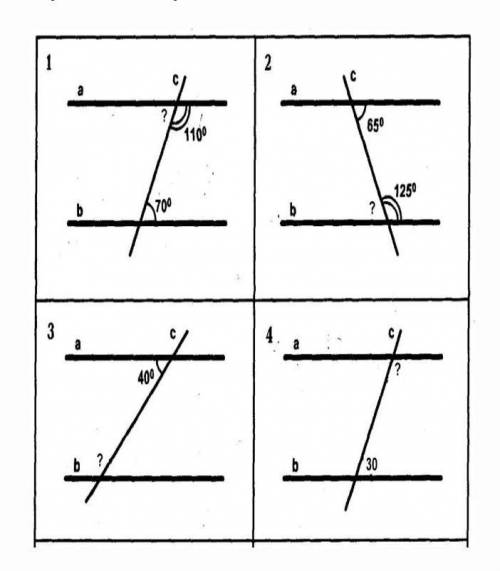Выполни письменно. Определи неизвестные углы задачи (2) и (4), используя свойства параллельных прямы