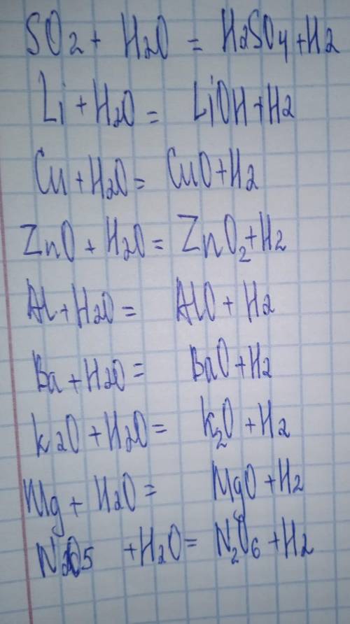 Закончить уравнения практически осуществимых реакций, назвать продукты реакции: SO2 + H2O = Li + H2O