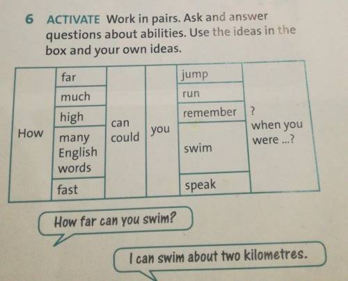 6 ACTIVATE Work in pairs. Ask and answer questions about abilities. Use the ideas in thebox and your