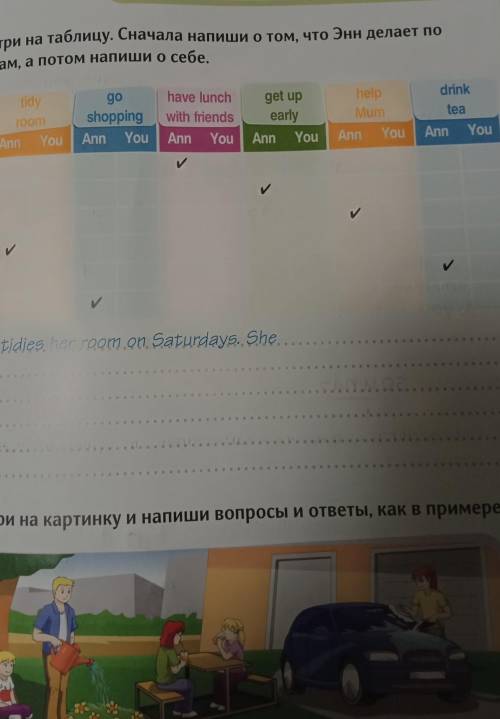 1 Посмотри на таблицу. Сначала напиши о том, что Энн делает посубботам,а потом напиши о себе.​