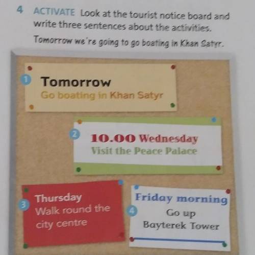 Exercise 4,page 99. Look at the tourist notive board and write three sentences about the activities.