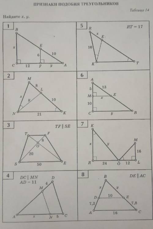 Признаки подобия треугольников таблица 14 по геометрии 8 класс. Решите задачу под номером 1,5,6,8​