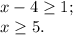 x - 4 \geq 1;\\x \geq 5.