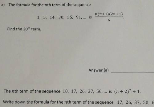 The formula for the nth term of the sequence 1, 5, 14, 30, 55, 91,... is n(n+1)(2n+1)/6 fins the 20t