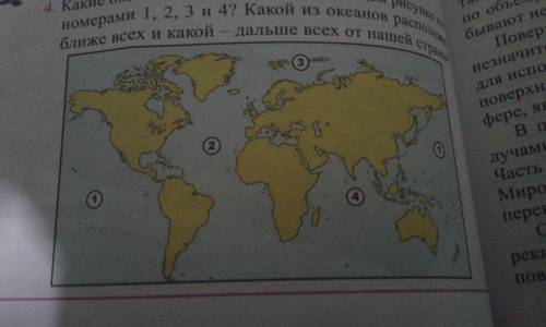 Какие океаны на следеующем рисунке под номерами 1, 2, 3, и 4?Какой из океанов расположен ближе всех