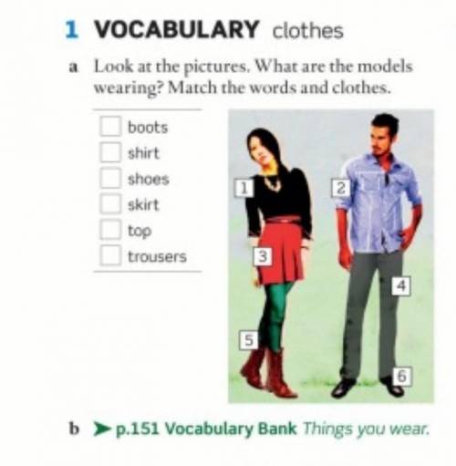 1 VOCABULARY clothes a Lookatthe pictures. What are the models wearing? Match the words and clothes.