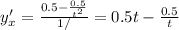 y'_x=\frac{0.5-\frac{0.5}{t^2} }{1/}=0.5t-\frac{0.5}{t}