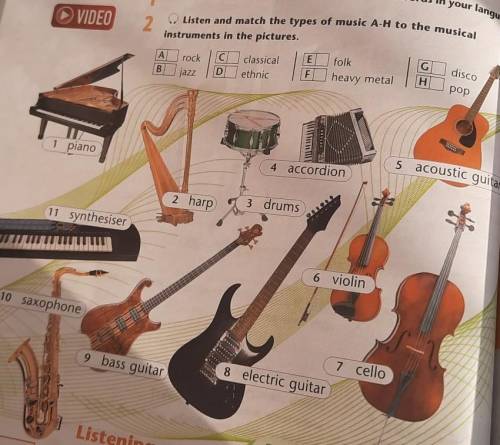2 Listen and match the types of music A-H to the musicalinstruments in the pictures.