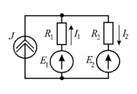 Для цепи определить токи I1 и I2, рассчитать мощность, развиваемую источниками энергии, если R1=R2=5