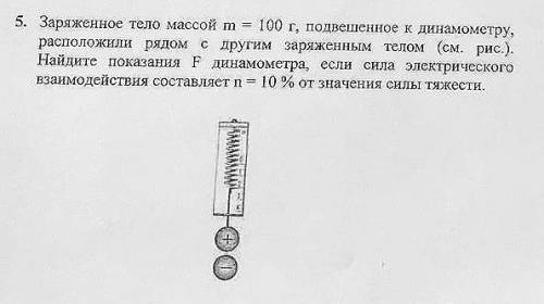 Заряженное тело массой m = 100 г, подвешенное к динамометру, расположили рядом с другим заряженным т