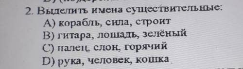 2. Выделить имена существительные: А) корабль, сила, строитВ) гитара, лошадь, зелёныйС) палец, слон,