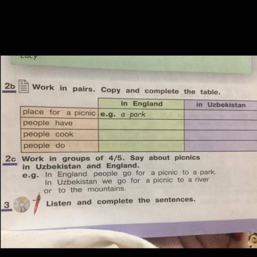 2b Work in pairs. Copy and complete the table. in Uzbekistan in England place for a picnic e.g. a pa