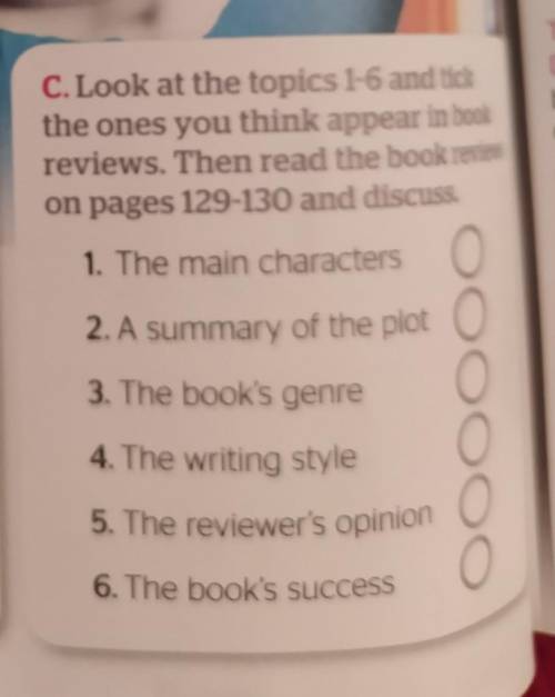 C. Look at the topics 1-6 and tick the ones you think appear in bookreviews. Then read the book revi