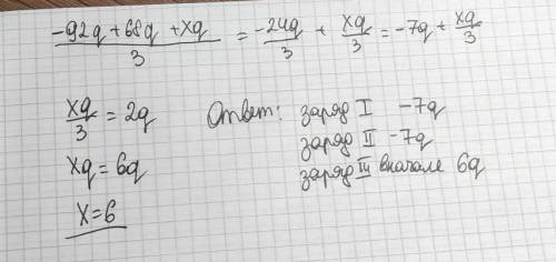 Три одинаковых металлических шарика зарядили разноимёнными зарядами, которые равны −92q, 68q и Xq (X