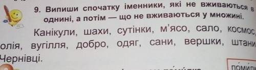 9. Випиши спочатку іменники, які не вживаються в однині, а потім— що не вживаються у множині.1Каніку