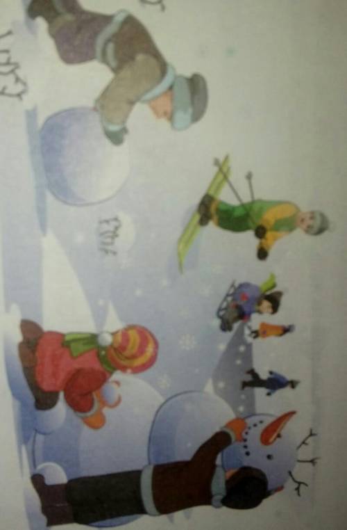 Составь предложение по картинке опорные слова :катается, идёт, едет, снеговик, коньки, лыжи, санки,