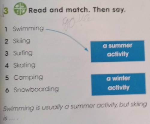 Ils noi. It's cold.3Read and match. Then say.40 Let:Play1 Swimming2 Skiing3 Surfinga summeractivity