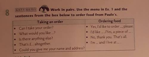 6.3.7.16.6.15.1 8Work in pairs. Use the menu in Ex. 1 and thesentences from the box below to order f