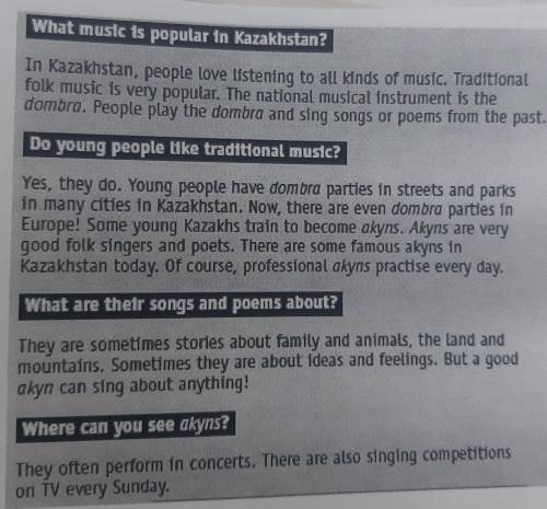 1 Read the text, then answer the questions. 1 What kind of music do people in Kazakhstan like?2 Wher