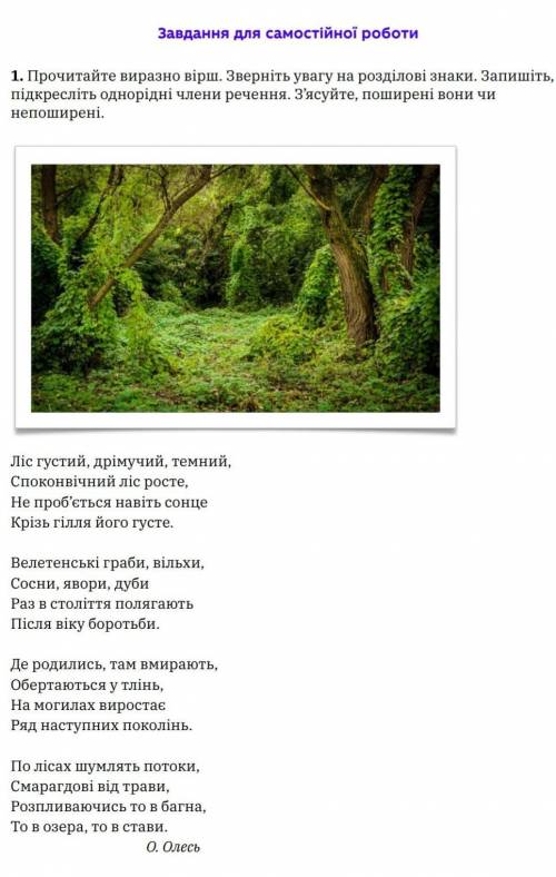 Прочитайте виразно вірш. Зверніть увагу на розділові знаки. Запишіть підкресліть однорідні члени реч